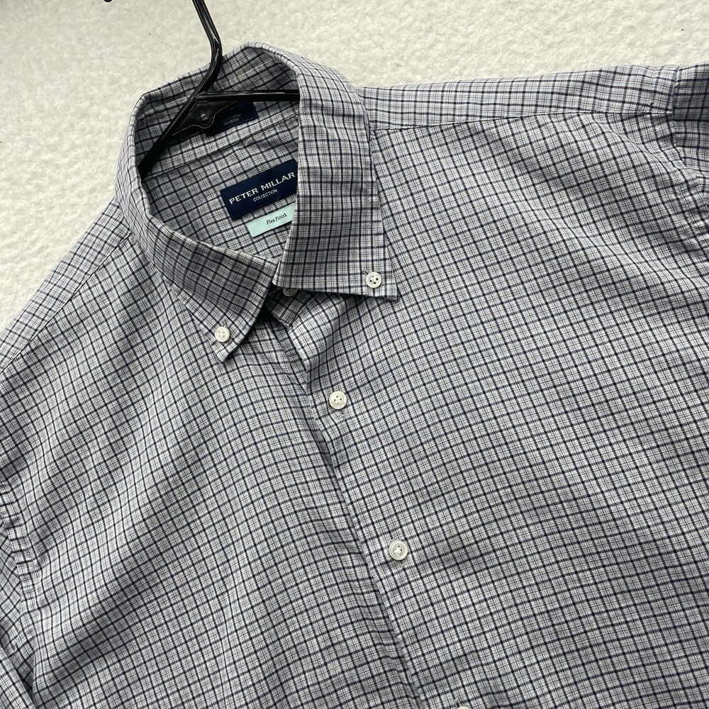 Peter Millar Shirt Mens Large L Flex Finish Blue Micro Gingham Check Button Down